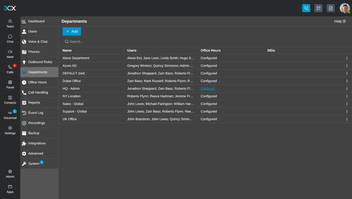 Official 3CX screenshot: the management console departments view with office hours configured per department.