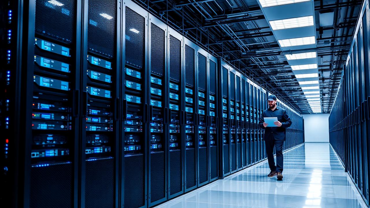 Engineer walking a data center aisle lined with server racks