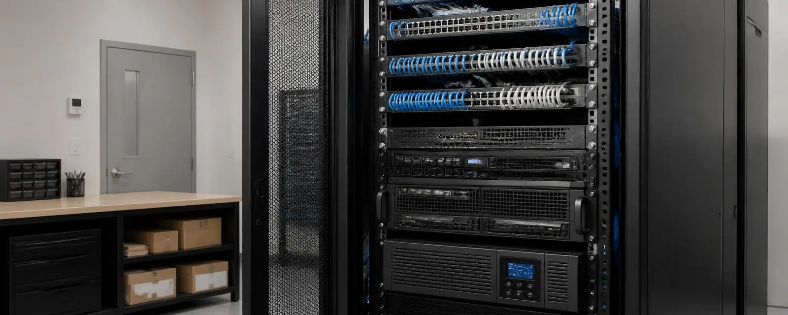 Neatly cabled equipment rack with switches, servers and a rack UPS