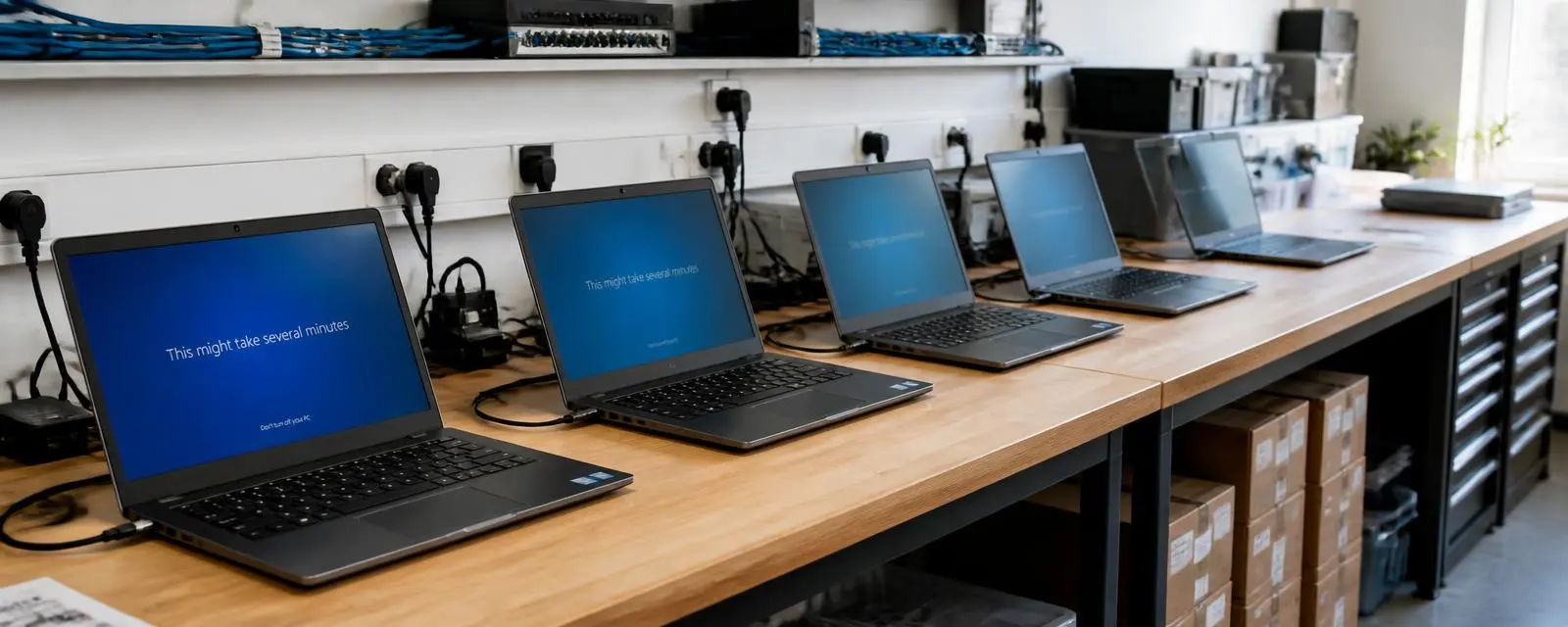 Row of identical business laptops being imaged on a staging bench