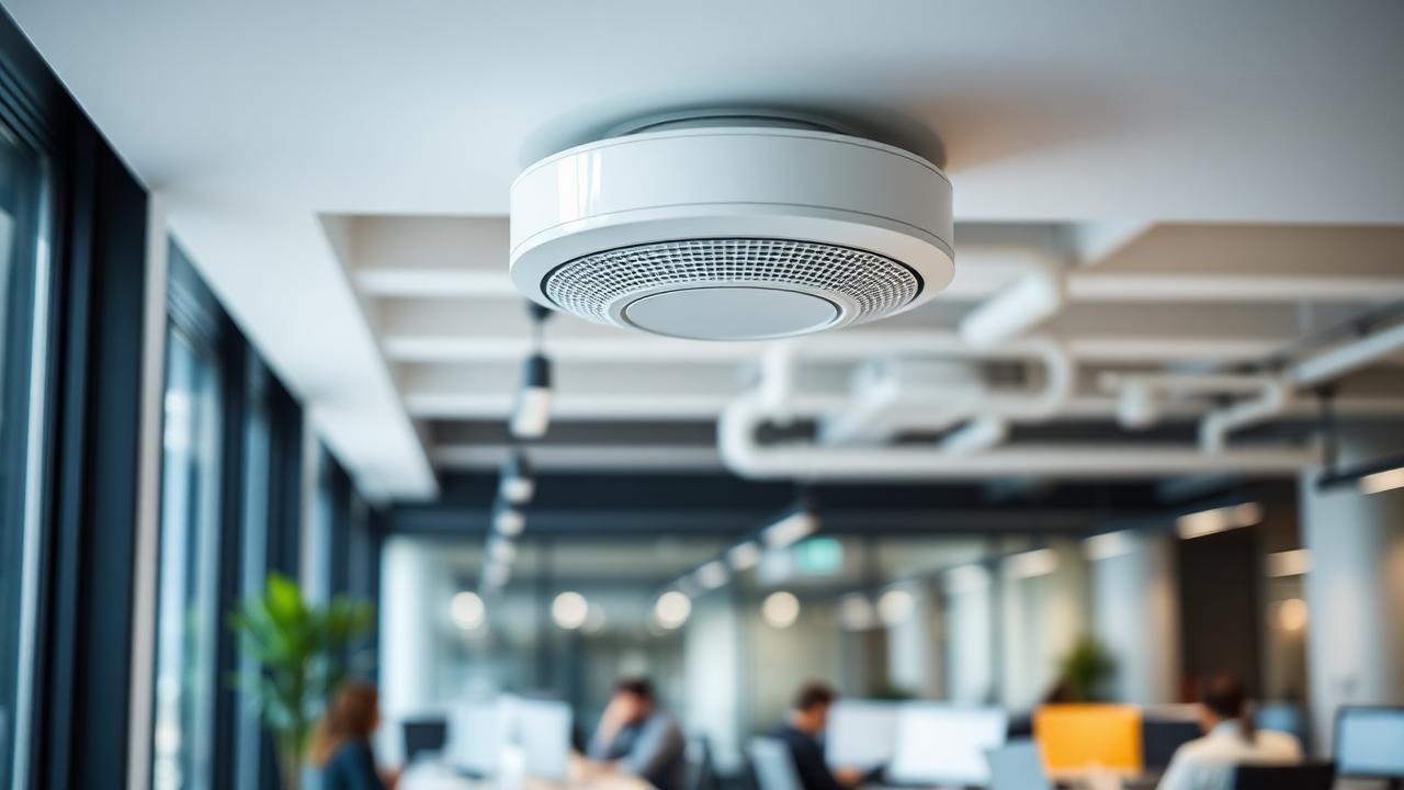 Ceiling-mounted wireless access point above a busy open-plan office