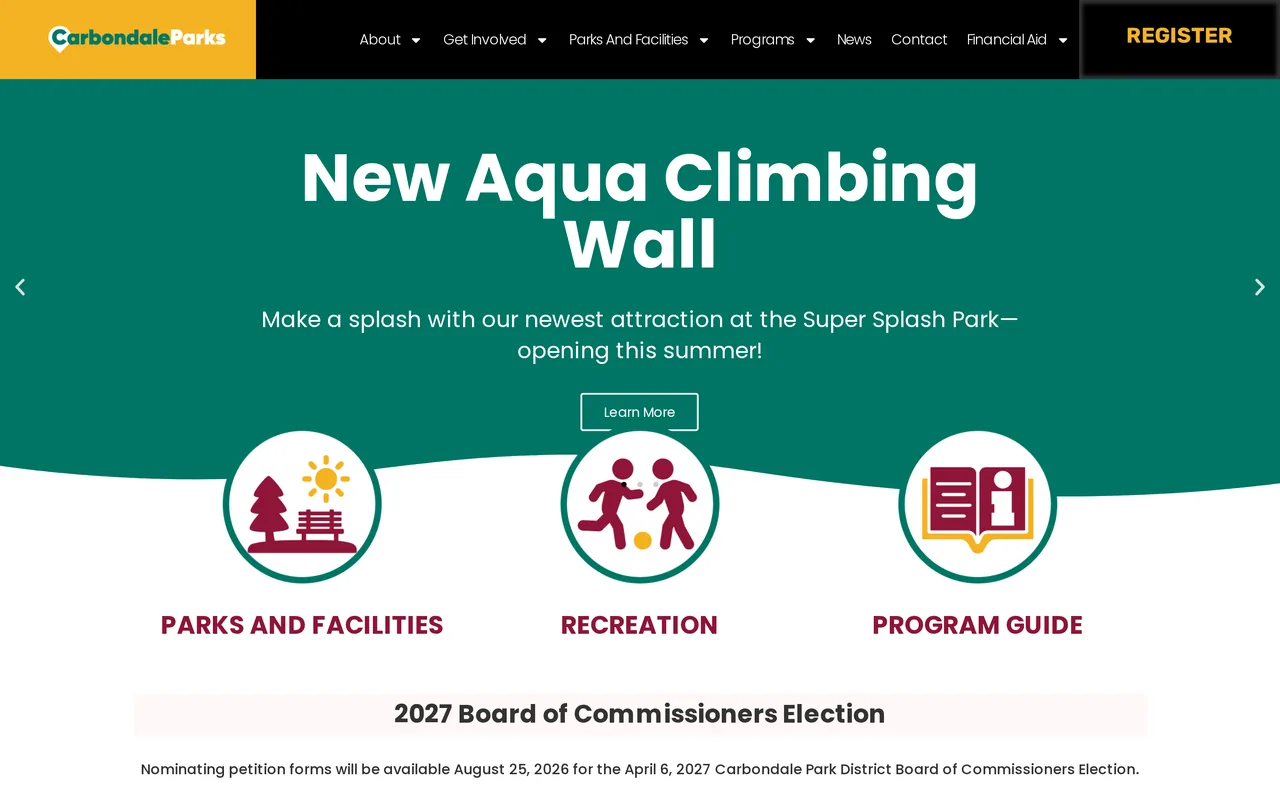 Homepage of the Carbondale Park District website designed by Mayer Branding
