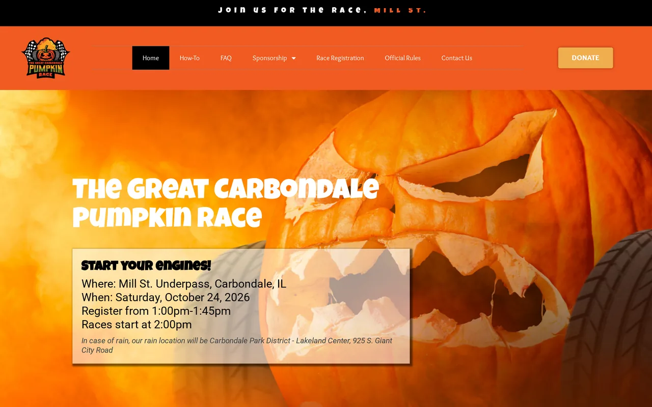 Homepage of the The Great Carbondale Pumpkin Race website designed by Mayer Branding