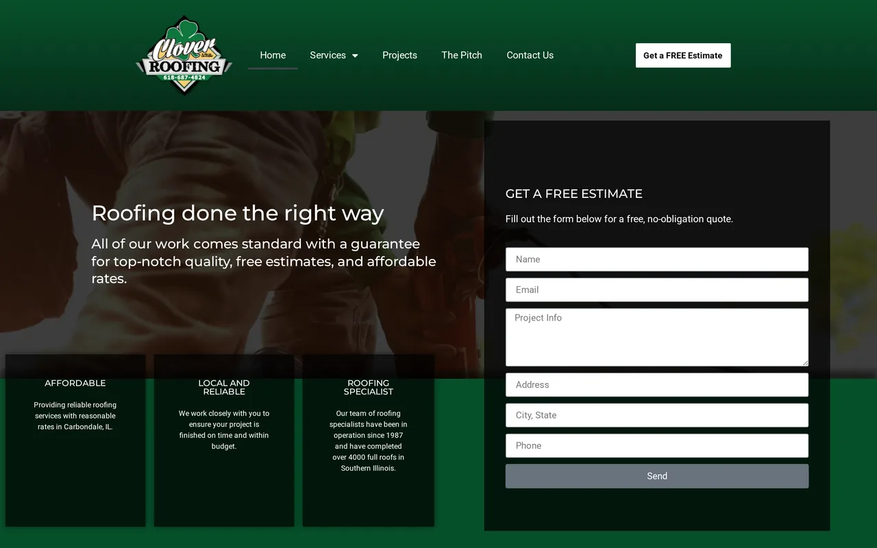 Homepage of the Clover Roofing website designed by Mayer Branding