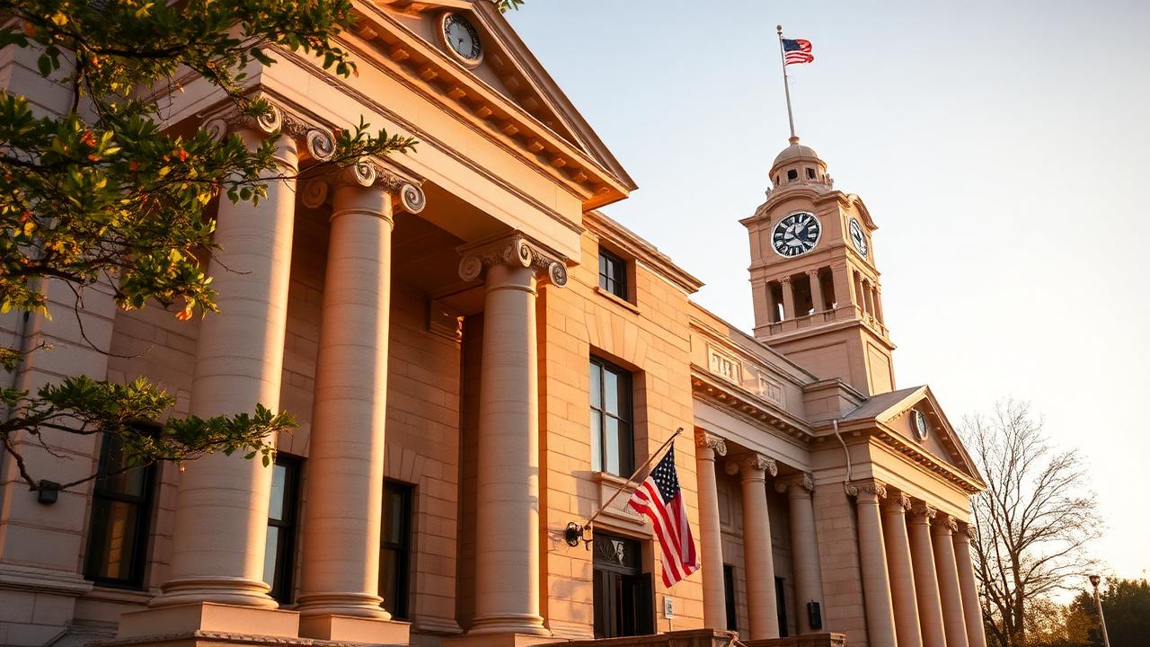 County government building with clock tower at golden hour