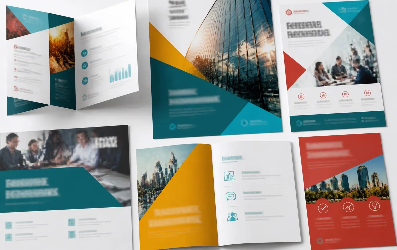 Overlapping printed brochures, flyers and posters in teal, amber and red