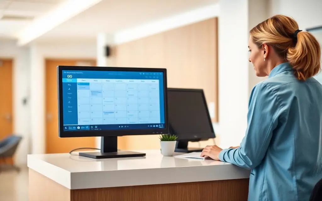 Clinic front desk checking in a patient