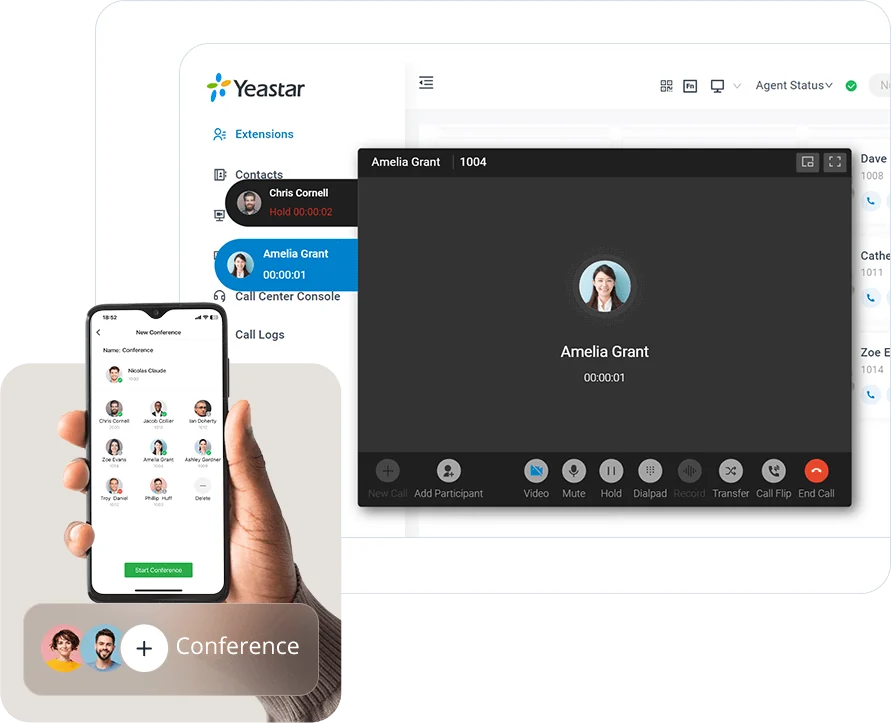 Official Yeastar screenshot: Linkus call control with an active call, hold, transfer, record and call flip options.