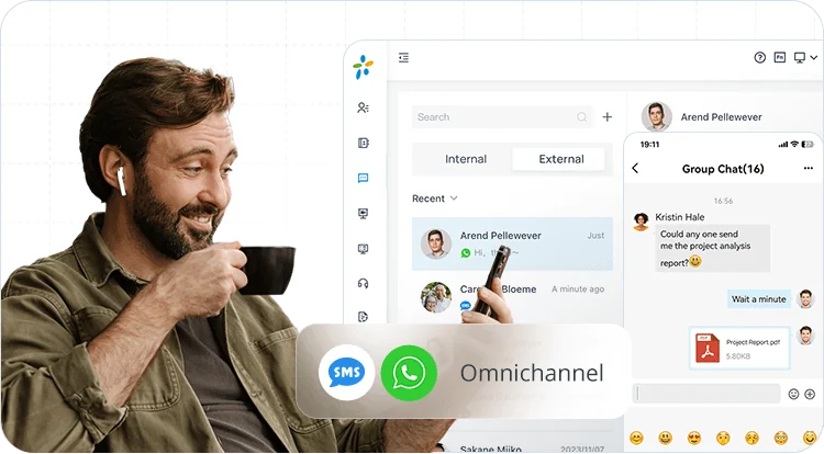 Official Yeastar screenshot: Linkus internal and external messaging with a group chat open.