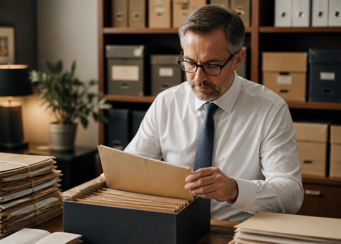 A records manager reviewing archived business files from previous years