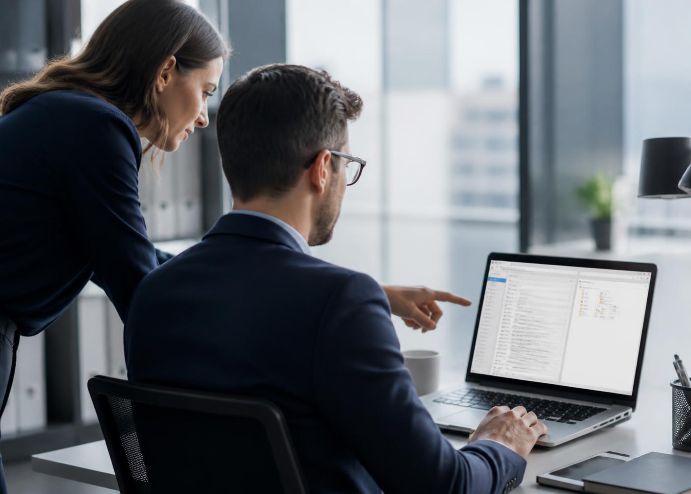 Two colleagues reviewing email and shared files together on a laptop in an office
