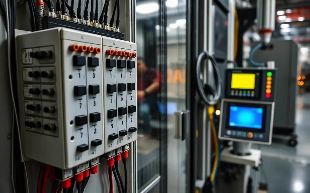 Industrial control cabinet with a PLC and machine HMI