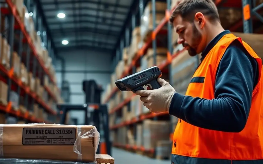 Warehouse worker scanning a pallet label