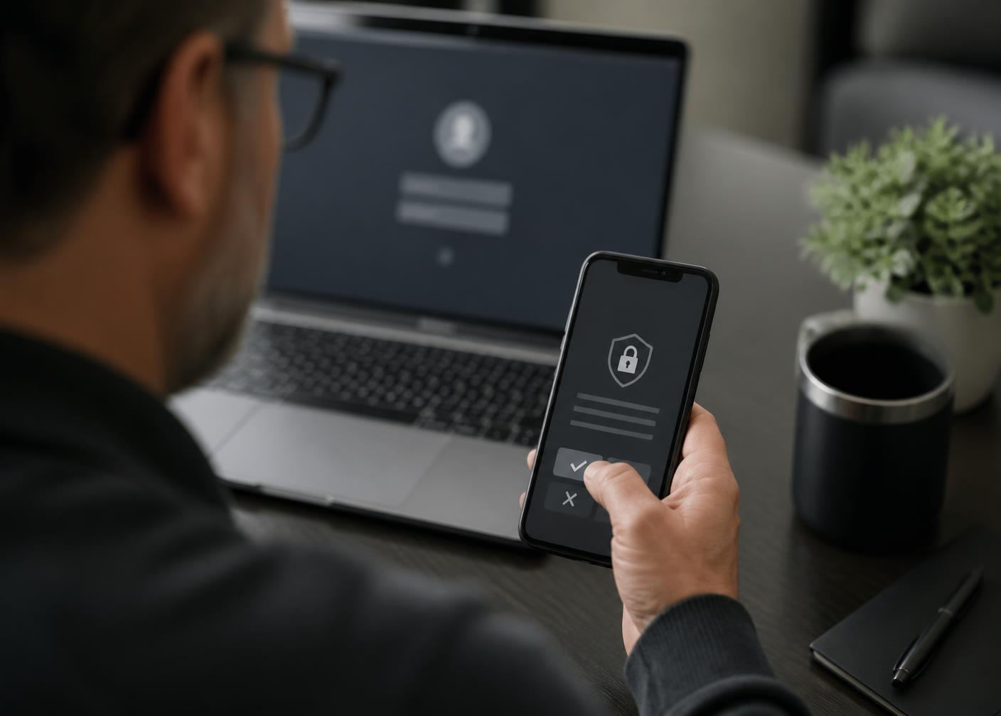 Employee approving a multi-factor authentication prompt on a phone while signing in on a laptop