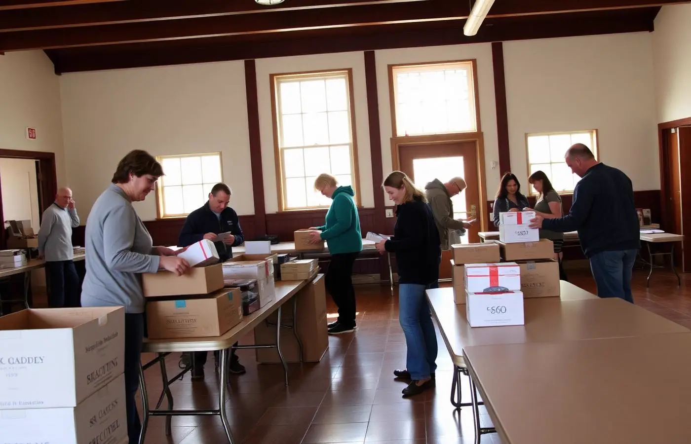 Volunteers organizing donations and setting up tables in a community hall