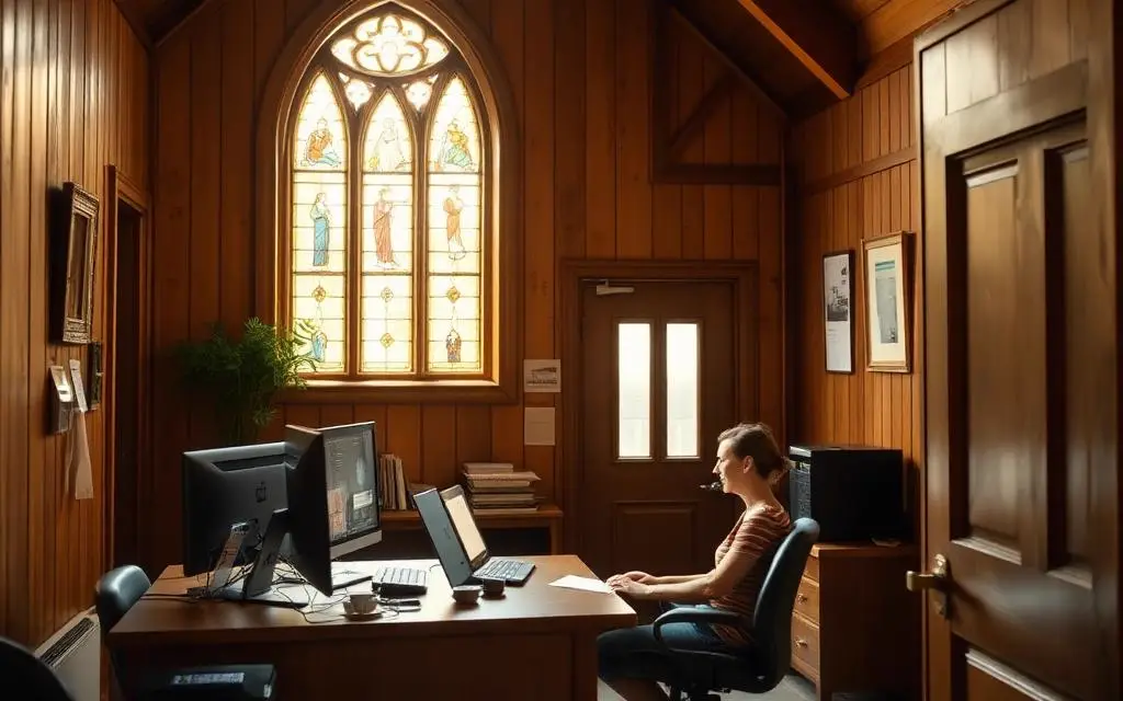 Church office staff member working at a computer