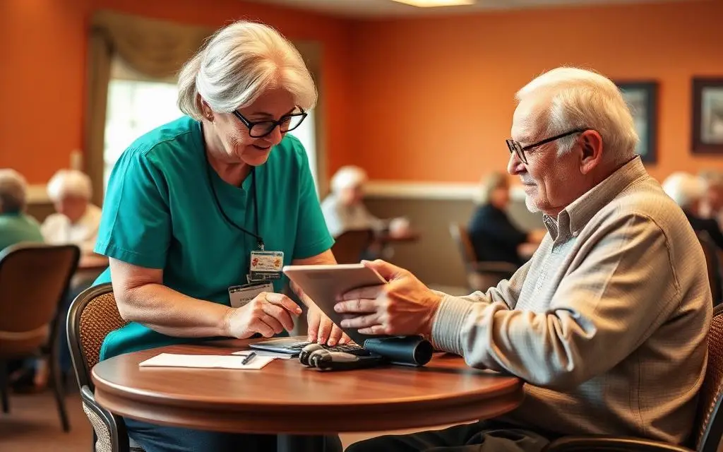 Staff member helping an older adult use a tablet at a senior center