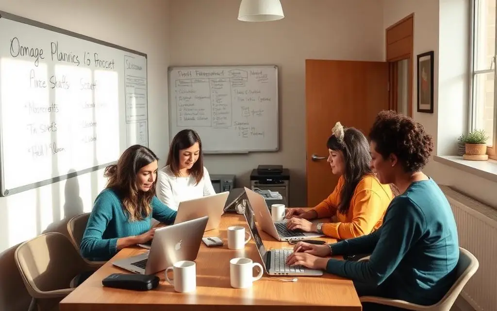 Nonprofit staff and volunteers working together at laptops