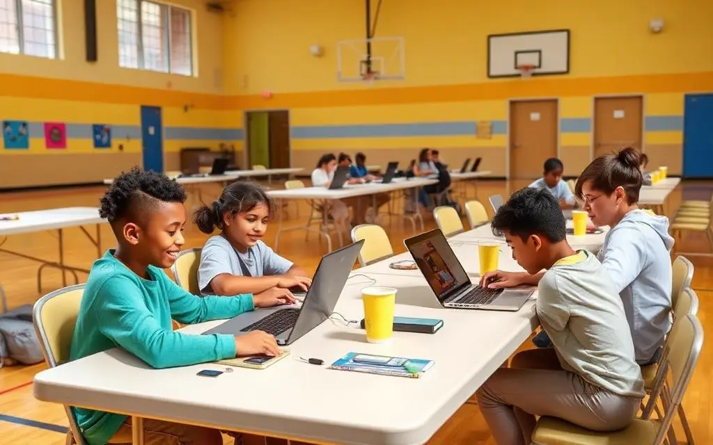 After-school program with students using laptops in a community center