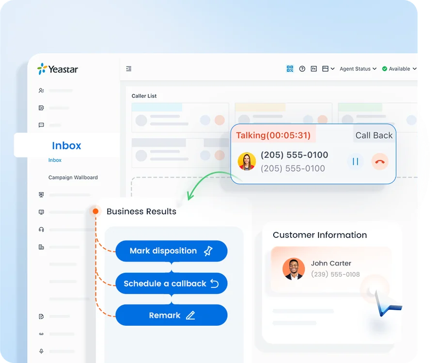 Official Yeastar screenshot: outbound campaign handling with caller list, dispositions and callback scheduling.