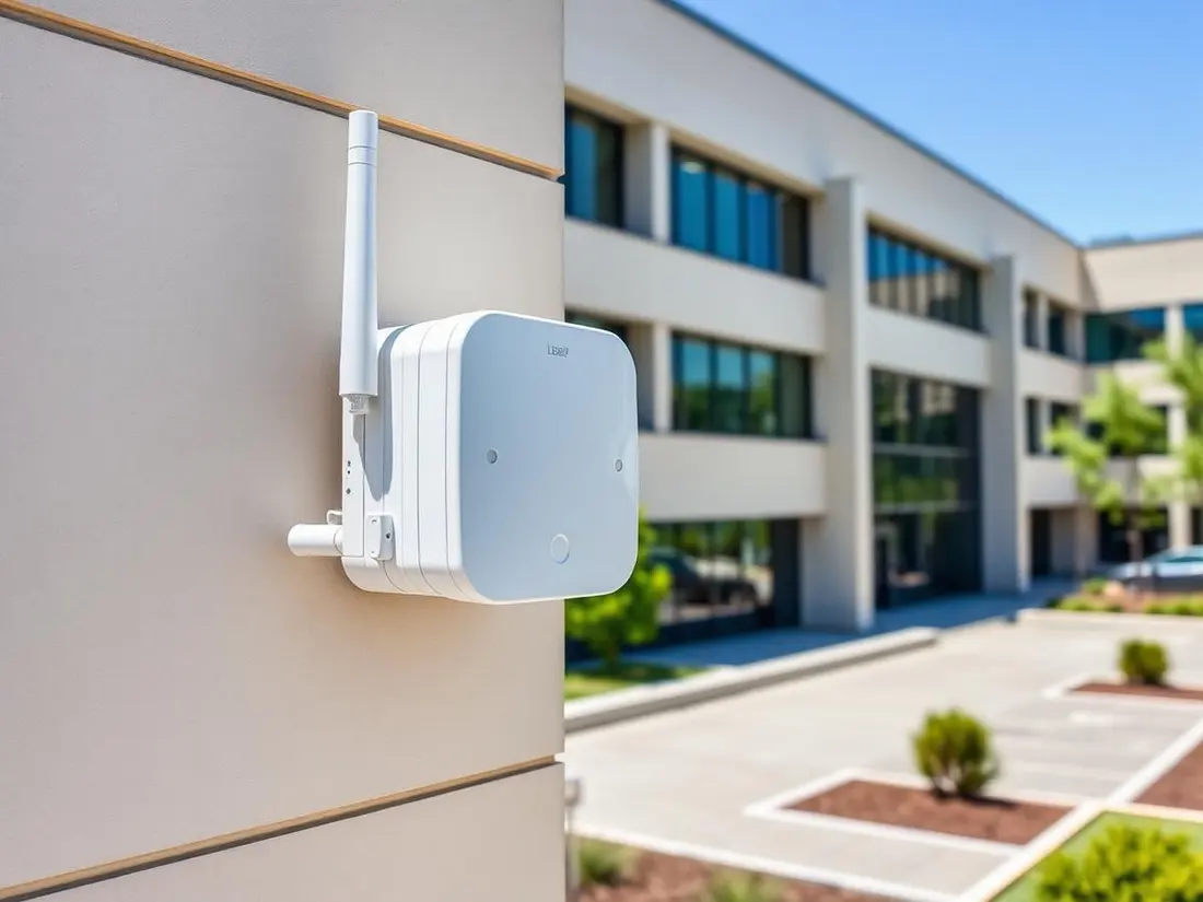 Outdoor access point mounted on the exterior of a public building