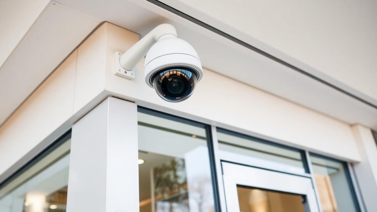 Modern dome security camera mounted above a commercial glass entrance