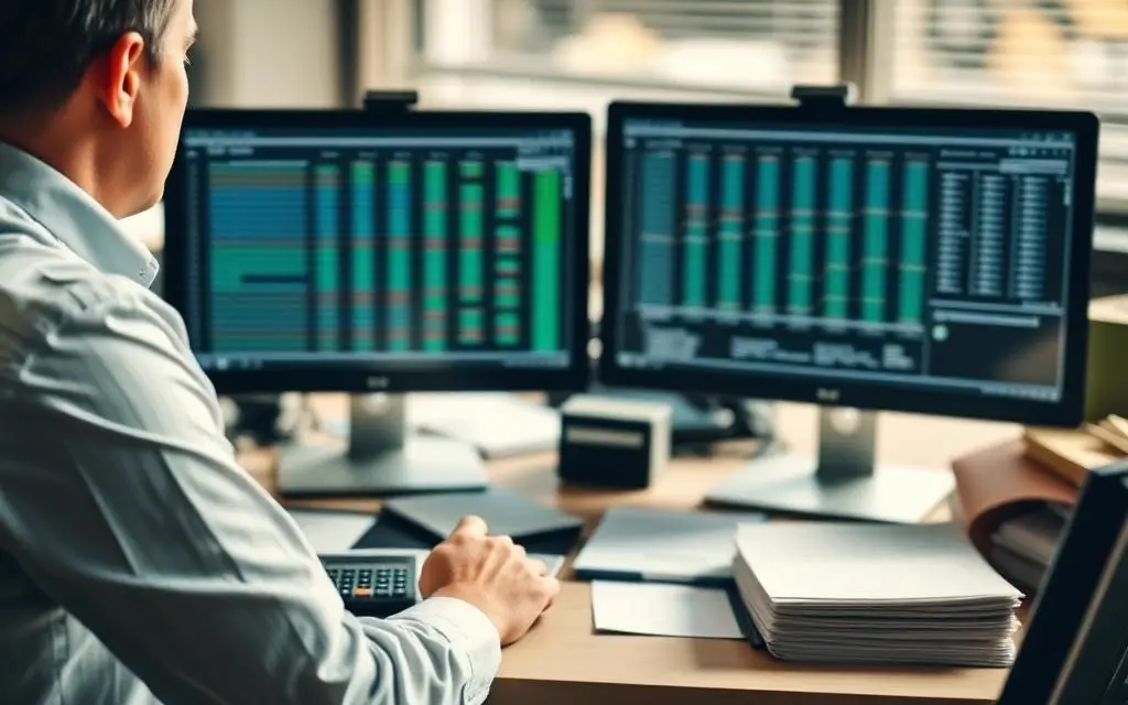 Accountant reviewing financial workpapers on dual monitors