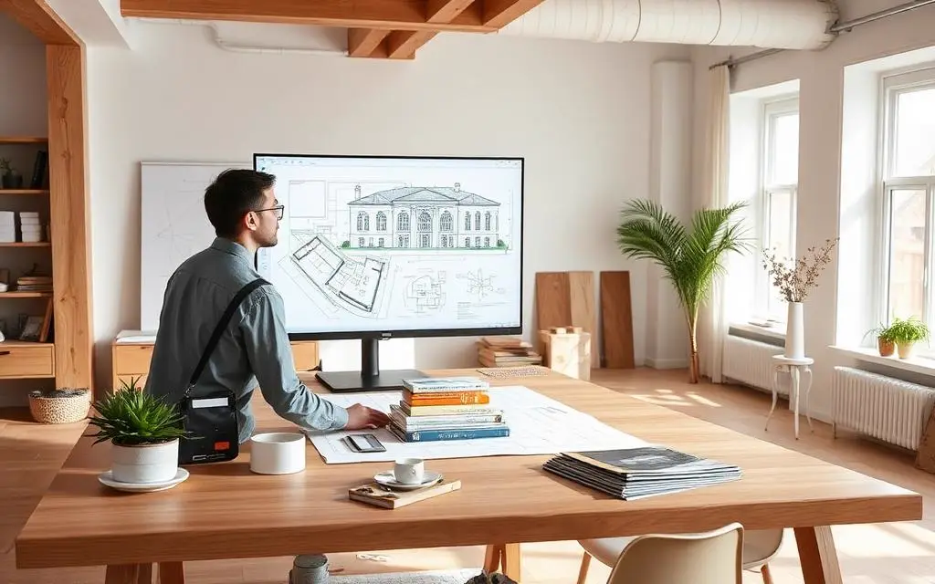 Architect working on building plans in a design studio