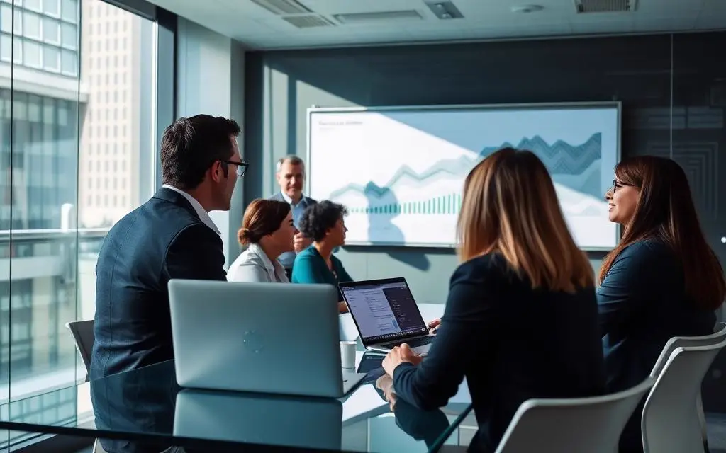 Consultant presenting to a client team in a meeting room