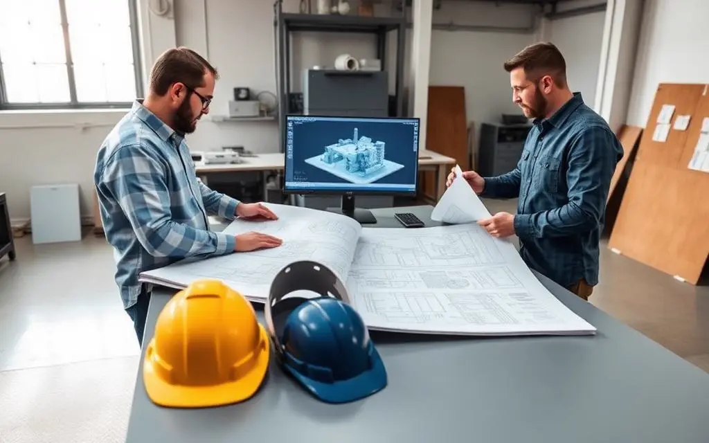 Engineers reviewing technical drawings beside a CAD workstation