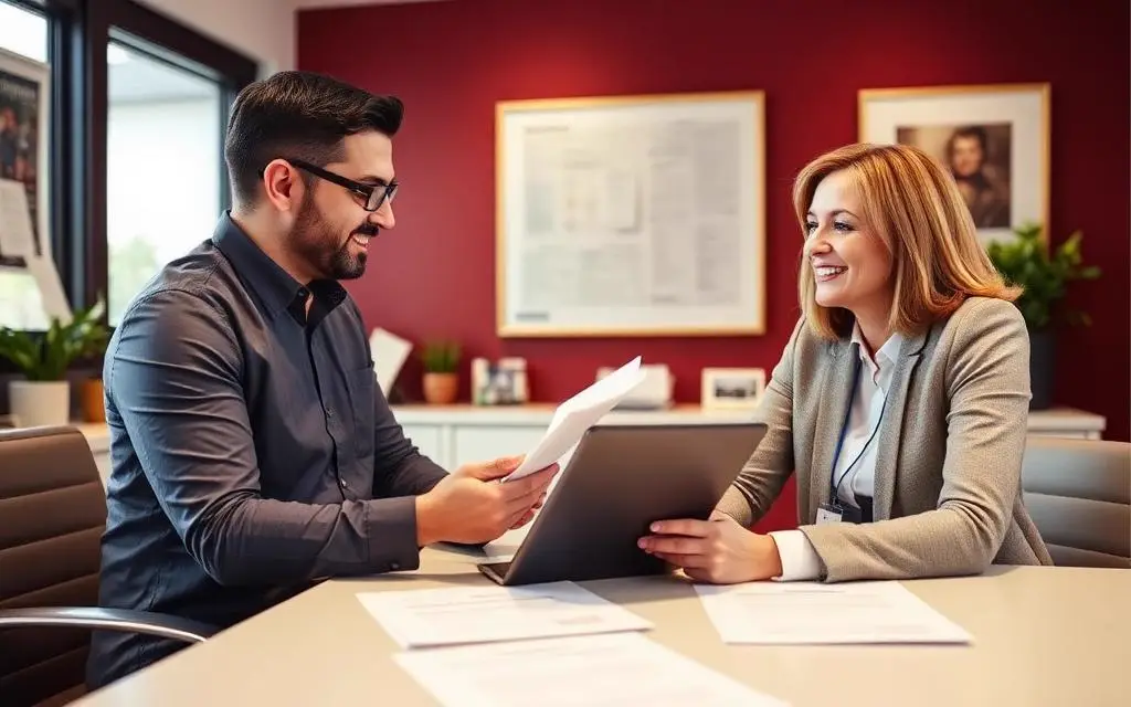 Insurance agent reviewing policy documents with a client