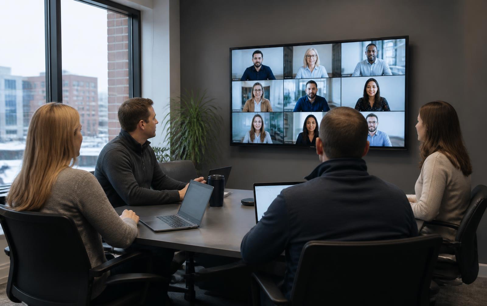 Staff in a conference room joining a hybrid video meeting with remote colleagues on a wall display