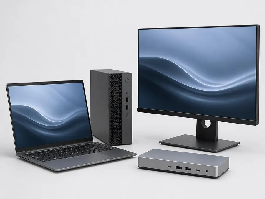 Business laptop, compact desktop, monitor and docking station
