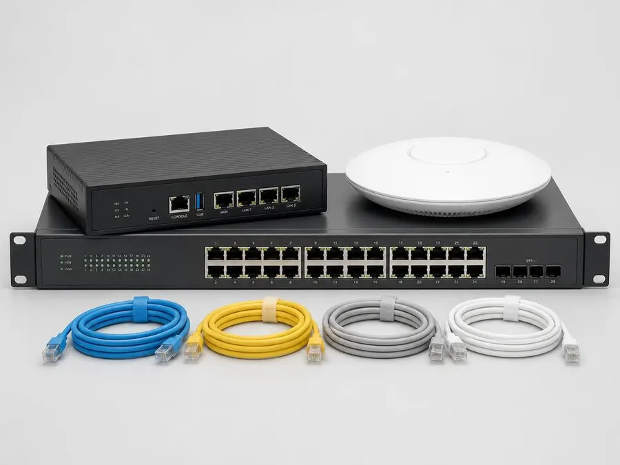 Rack-mount managed switch, firewall appliance and wireless access point