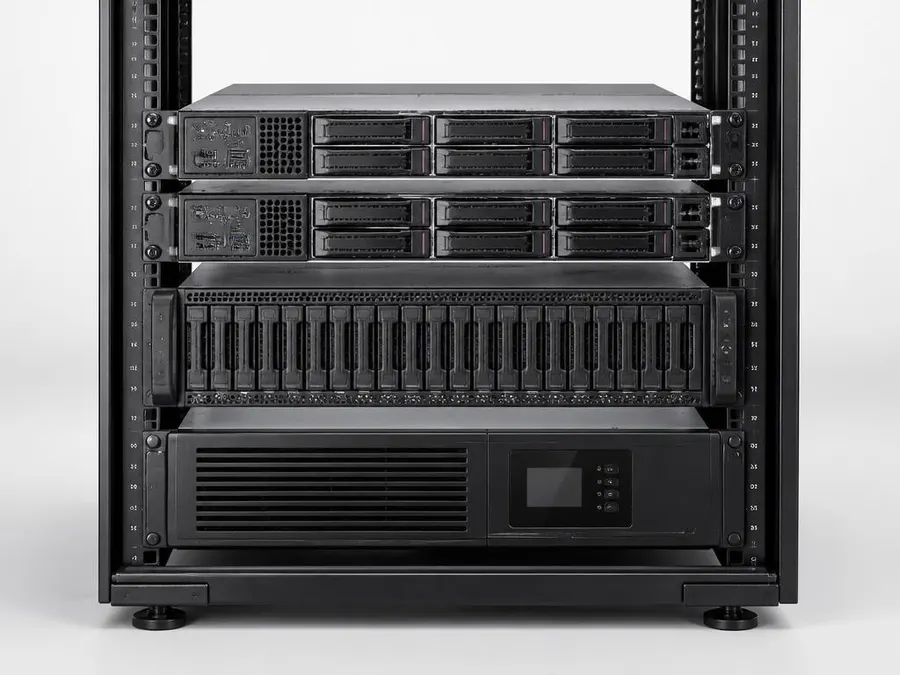 Rack-mounted servers, storage array and rack UPS in an open rack