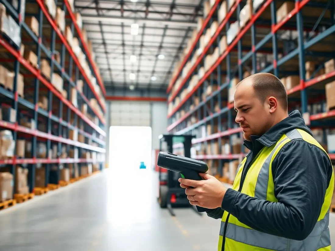 Warehouse aisle with tall racking and a worker using a handheld scanner