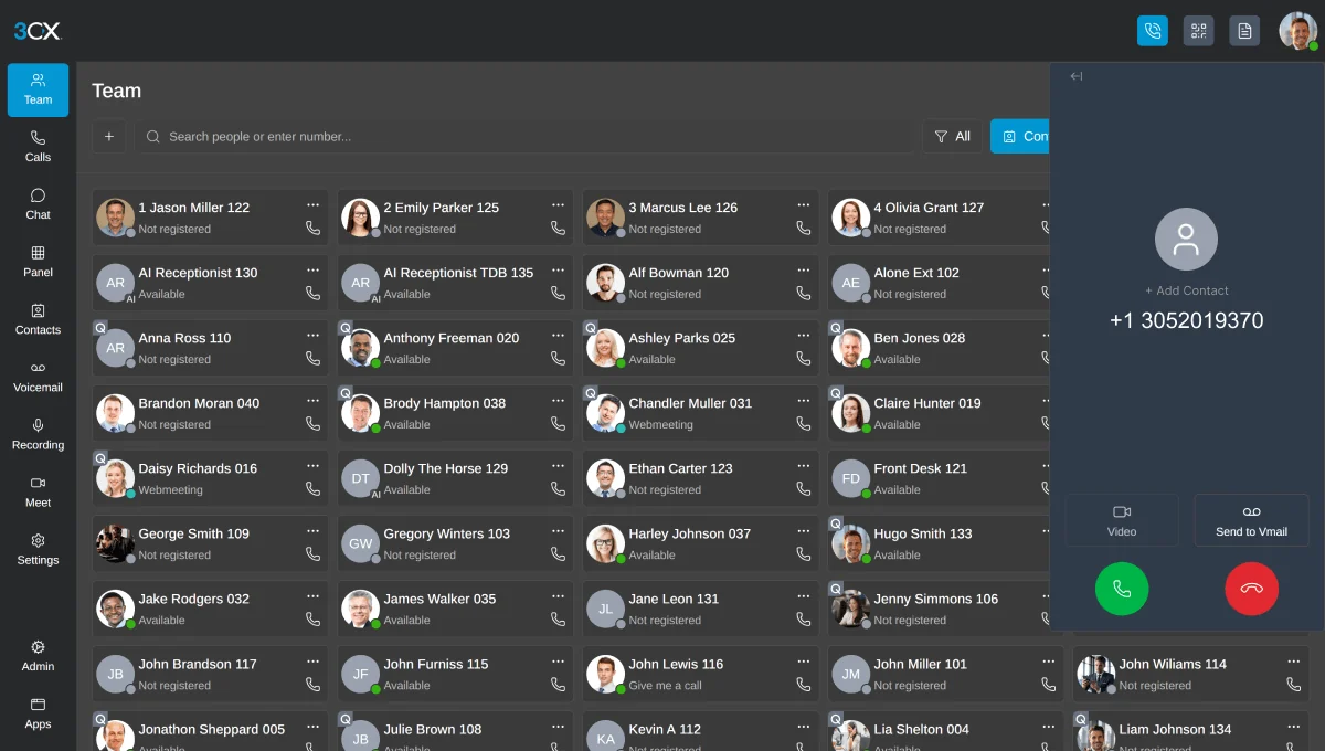 Official 3CX screenshot: the V20 Web Client with a live call panel open beside the team directory.