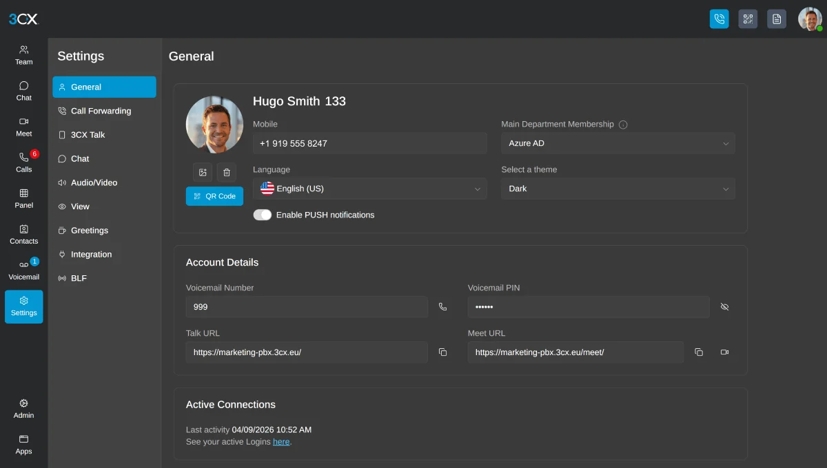 Official 3CX screenshot: Web Client user settings showing call forwarding, greetings and device options.